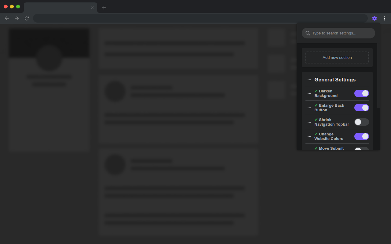 Simple Website Customizer extension preview in dark mode.
