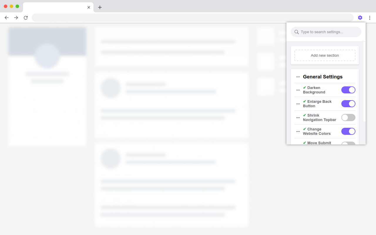 Simple Website Customizer extension preview in light mode.